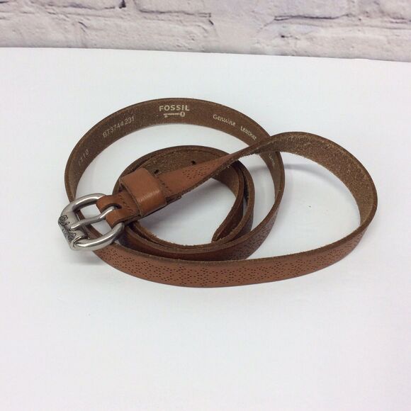 Fossil Thin Belt Women\'s Size L Brown Leather Tooled Boho Cowgirl Festive Casual